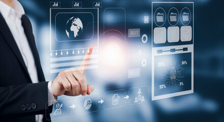 Poster - Businessman touchscreen on the graph Screen Icon of a media screen, Technology Process System Business with Communication and marketing concept, Team success, HR Human, Business success
