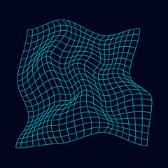 Poster - Abstract distorted wireframe wave. Vector curve surface background. Technology grid pattern. Blue mesh wave.