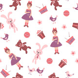 Fototapeta Dinusie - Seamless pattern with cute kid toys, dolls, teddy bears, bunnies.