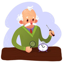 Cartoon watchmaker vector illustration. Old craft person looking on broken watches and clocks doing his job