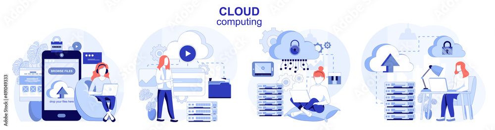 Vetor Cloud computing isolated set in flat design. People upload files ...