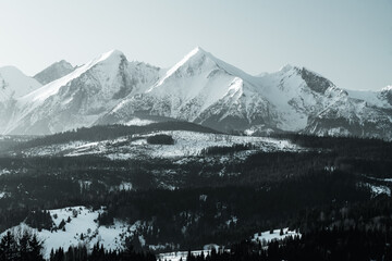 Fototapeta zimowy widok z przełęczy nad Łapszanką na tatry  wysokie i podhale. 