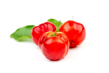 Wall Mural - Acerola Cherry or Barbados Cherry with green leaf isolated on white background.