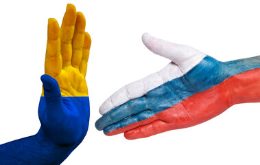 Human hand painted in national colors flag Russian Federation white background.Give a hand and say hello, greeting good intentions.