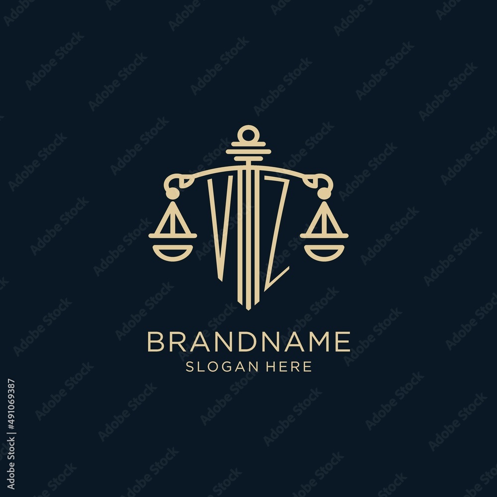 Initial VZ logo with shield and scales of justice, luxury and modern ...
