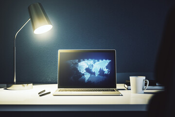 Poster - Abstract digital world map on modern computer monitor, big data and blockchain concept. 3D Rendering