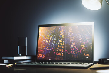 Poster - Modern computer display with abstract graphic data spreadsheet sketch, analytics and analysis concept. 3D Rendering
