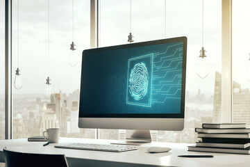 Poster - Computer monitor with abstract fingerprint scan interface, digital access concept. 3D Rendering
