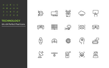 set of technology line icons, vr, ar, ai, iot