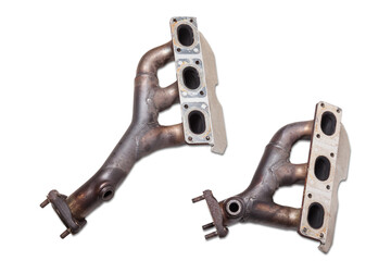 Wall Mural - A automotive exhaust manifold isolated on white. Exhaust manifold car stock pictures, royalty-free photos, images