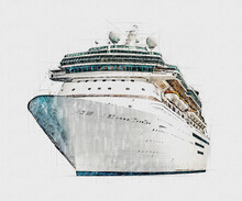 Watercolor Drawing Of Cruise Ship Isolated On White Background, Modern Ocean Liner