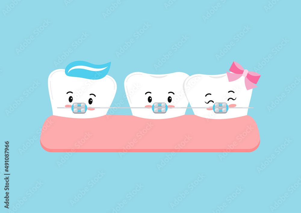 Crooked tooth with dental braces in gym cute character. Dental crowding ...