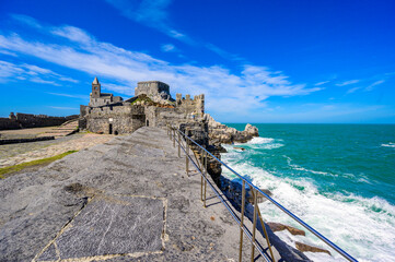 View from Grotta di Lord Byron to beautiful coast scenery - travel destination of Porto Venere, Province of La Spezia - Italy