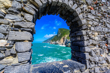 View from Grotta di Lord Byron to beautiful coast scenery - travel destination of Porto Venere, Province of La Spezia - Italy