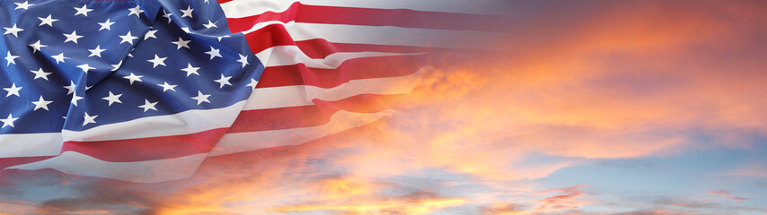 Poster - American flag in sunny sky. Wide web header banner