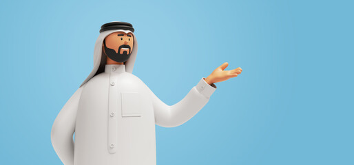 3d render, cartoon character arab man with beard wears traditional white clothes shows hand gesture. Business clip art isolated on light blue background. Presentation concept, promotion metaphor
