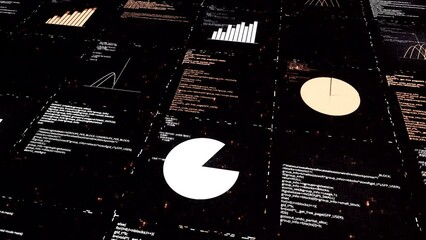 Poster - AI learning and analytics process, artificial Intelligence concept. Animation. Technology, internet and networking, data and graphs on a black background.