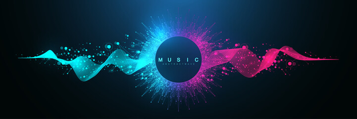 Poster - Music poster for electronic festival with dotted lines and waves. Party flyer cover design concept. Distorted music wave equalizer. Abstract amplitude of sound. Vector Illustration