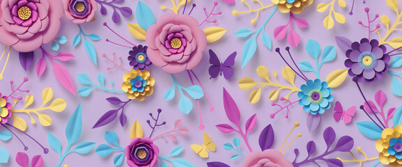 3d rendering, abstract wide panoramic floral background. floral wallpaper with colorful paper flower