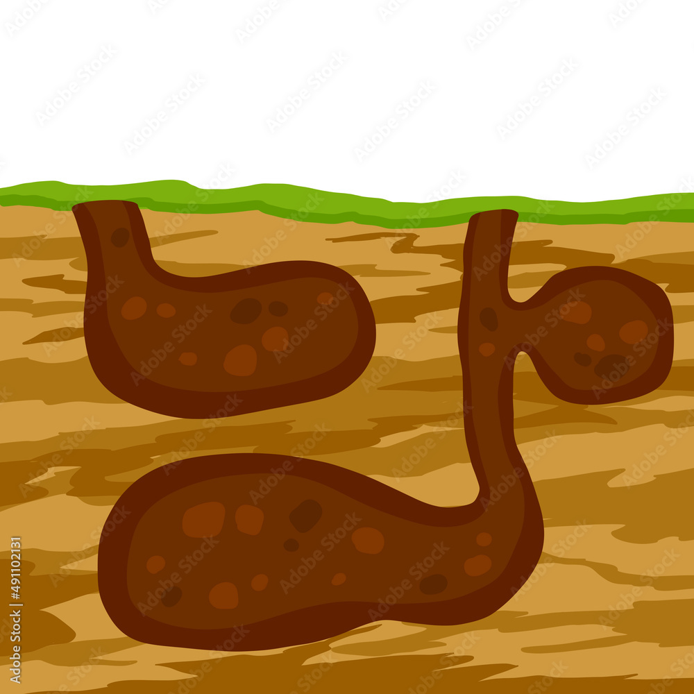 Underground Mouse Animal hole and burrow. Scheme of hiding insects and rodents, mice in ...