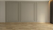 Empty room with Modern classic wall panels and wooden floor 3d rendering