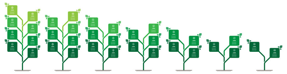 Wall Mural - Development of the green technology in the world. Business presentation with seven steps or processes. Infographic. Set of Vertical info graphics in the form of trees with 2, 3, 4, 5, 6 and 7 parts.