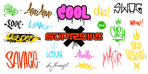 Street Graffiti inscriptions, tags and lettering elements with grunge fonts effect. Teenage graffiti design - Savage, swag, respect, wow, cool, omg, king, nice, hip hop, magic. Lettering graphic set