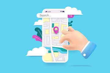 Poster - Phone map with hand and search bar - App on smartphone screen showing city map and person interacting. Vector illustration