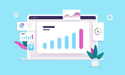 Leinwandbilder - Rising chart on computer screen - Dashboard on laptop with graphs and charts showing abstract data and results. Vector illustration