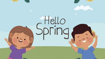 Wall Mural - hello spring lettering with kids couple