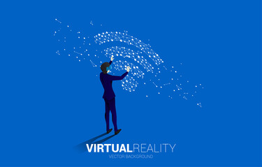 Poster - Silhouette businessman wear VR glasses with dot connect line circuit board style mobile data icon. Concept of digital virtual reality technology and AR .