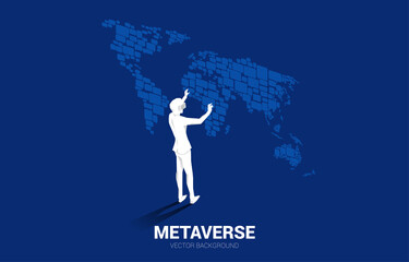 Poster - Silhouette businessman wear VR glasses with group of speech bubble icon shape to world map . concept of communication network in metaverse.