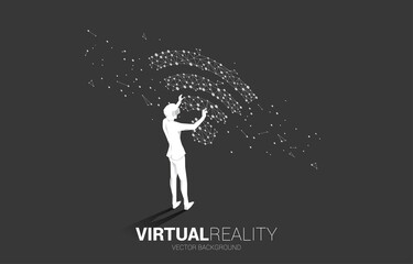 Poster - Silhouette businessman wear VR glasses with dot connect line circuit board style mobile data icon. Concept of digital virtual reality technology and AR .