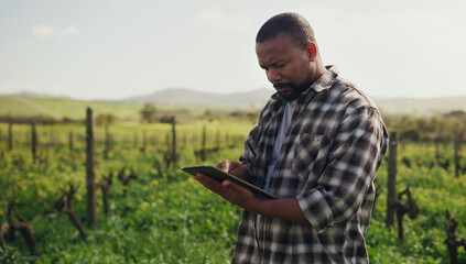 Poster - Farming just got a whole lot more efficient. Shot of a mature man using a digital tablet while working on a farm.