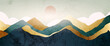 Abstract landscape art banner with golden and blue mountains and hills with sun. Vector luxury background for decor, wallpaper, print