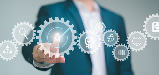 Poster - Quality management with QA (assurance), QC (control) and improvement. top service Quality assurance, Guarantee, Standards, ISO certification and standardization concept. with manager or auditor.