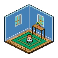 Pixel art interior room decoration, home furniture.