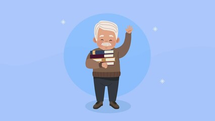 Sticker - old man studing lifting books animation