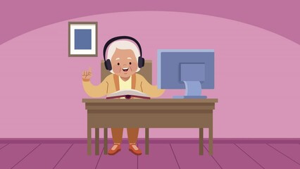 Canvas Print - old woman studing with headset and desktop