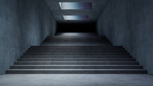 Stairway Interior With Tiled Concrete Walls And Bare Concrete Floor. Eerie Underpass With Contemporary Architecture. 3D Render.
