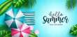 Hello summer vector background design. Hello summer greeting text in blue water pattern with leaves and umbrella tropical elements for relaxing holiday vacation. Vector illustration.
