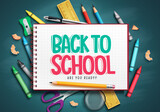 Back to school vector concept design. Back to school text in notebook item with crayons and pencil elements for educational learning objects. Vector illustration.
