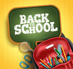 Poster - Back to school vector concept design. Back to school text in speech bubble with educational elements of bag, color pencil and chalkboard for creativity learning study.  Vector illustration.
