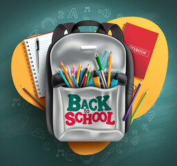 Wall Mural - Back to school vector concept design. Welcome back to school text in backpack bag elements with educational items and pattern for education study learning. Vector illustration.
