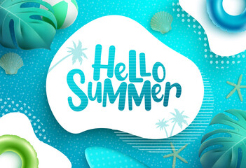 summer vector template design. hello summer text in abstract space with leaves, floater and water el