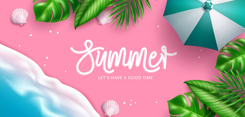 Wall Mural - summer vector background design. summer typography text in pink sand seashore with tropical leaves a
