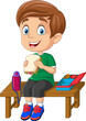 Cartoon little school boy eating bread