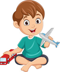 Canvas Print - Cartoon little boy playing bus and airplane toys