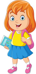 Poster - Cartoon school girl with backpack and book