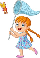 Poster - Cartoon little girl catching a butterfly